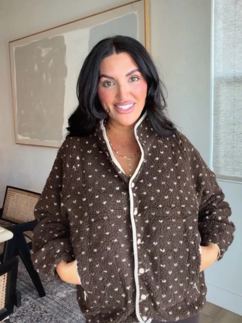 Brown Textured Button-Front Women's Jacket with Contrast Trim